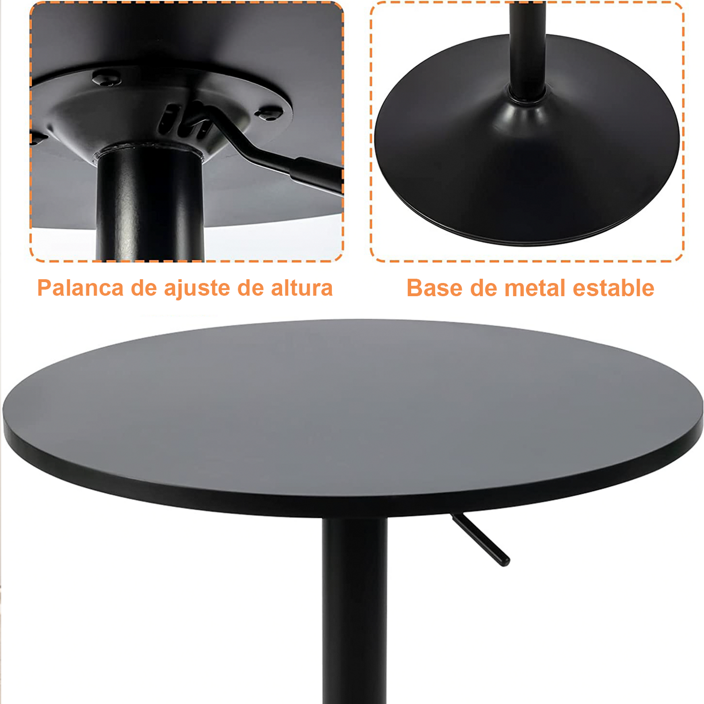 COKOS Mesa de Bar Redonda de 60 cm con Altura Ajustable y Base Cromada Giratoria Tubo Negro