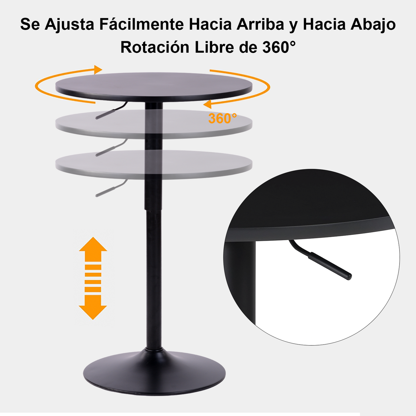 COKOS Mesa de Bar Redonda de 60 cm con Altura Ajustable y Base Cromada Giratoria Tubo Negro