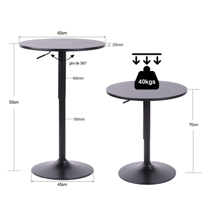 COKOS Mesa de Bar Redonda de 60 cm con Altura Ajustable y Base Cromada Giratoria Tubo Negro